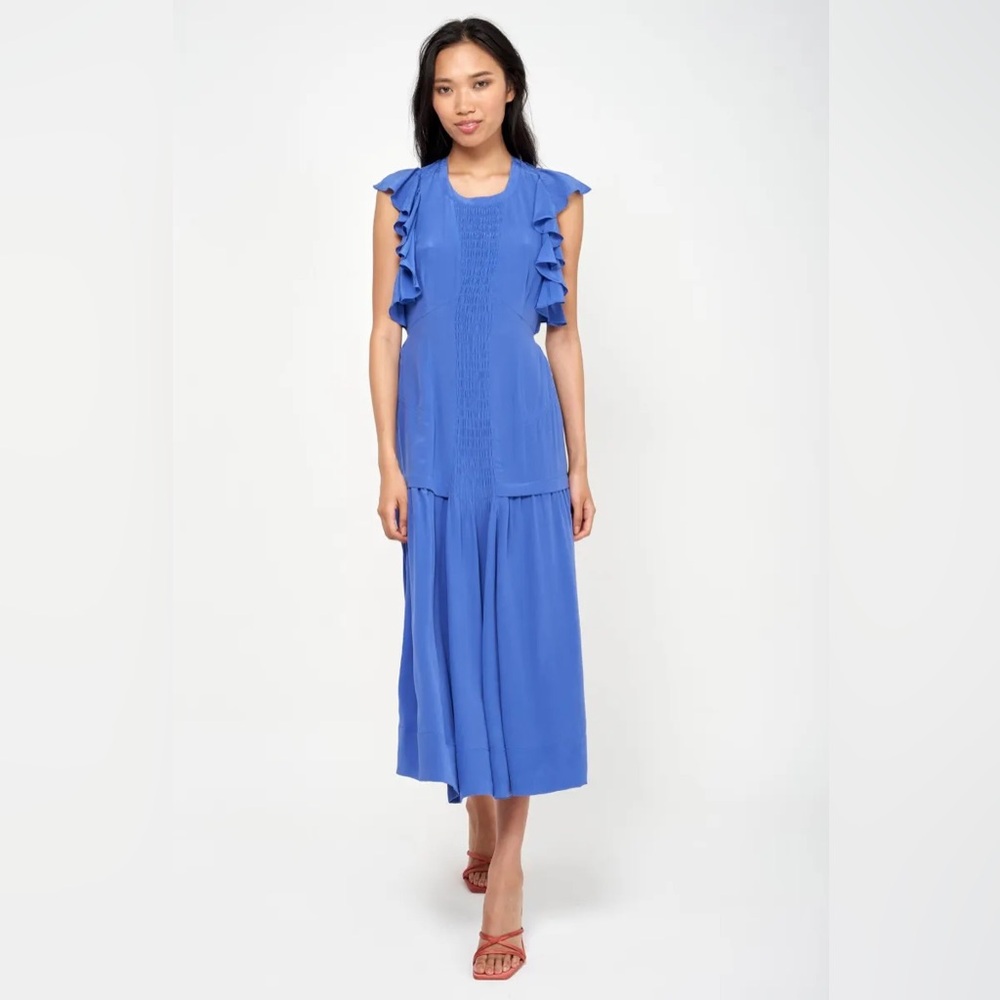 Joie Polly Silk Midi Dress XL Blue Ruffle Sleeveless Tiered NWOT